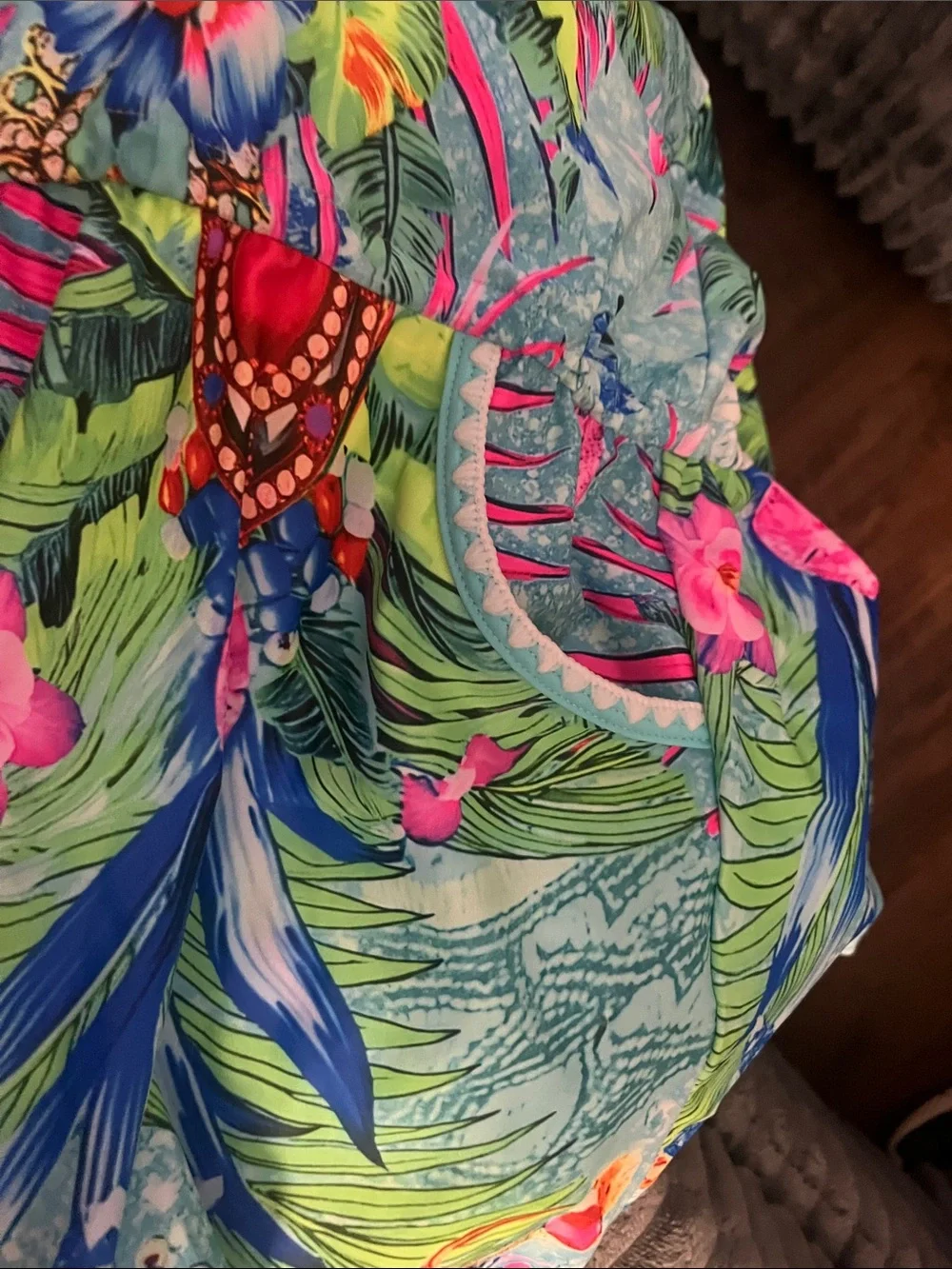 Girls' Tropical Floral Tie-Waist Romper in Aqua